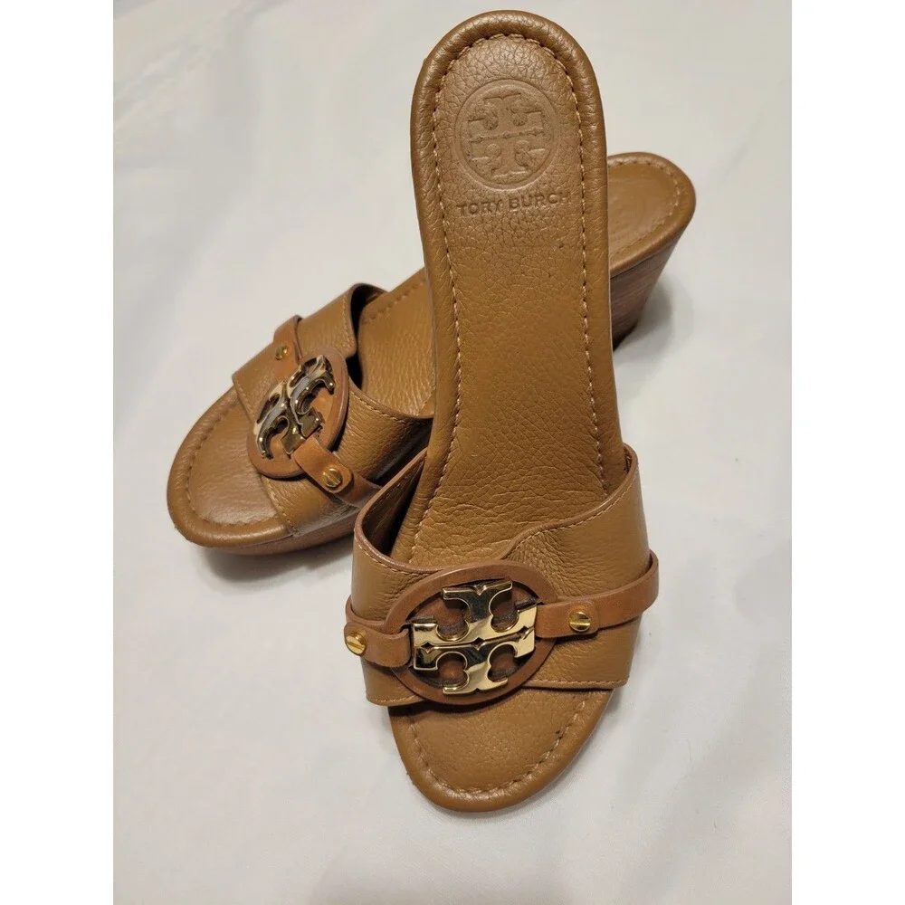 Tory Burch Women's Brown Leather Logo Wedge Slide Slip-On Sandals Size 7.5